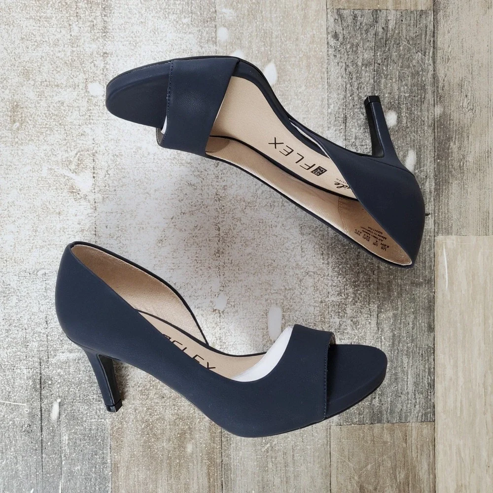 LifeStride Mantra Womens Dress Pumps Sz 6.5‎ W Navy Navy Faux Leather Peep Toe
